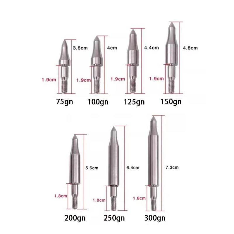

High quality Stainless Steel Arrow head 6pcs ID6.2mm 75 100 125 150 200 250 300 Grain Bullet Point Tip Archery Arrow Accessory