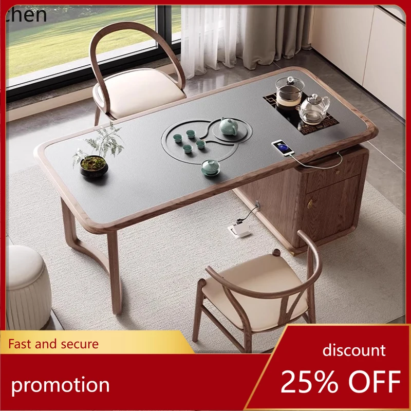 ZML Solid Wood Balcony Tea Table and Chair Set Simple Office Home Use Rock Plate Kung Fu Tea Table with Integrated Kettle