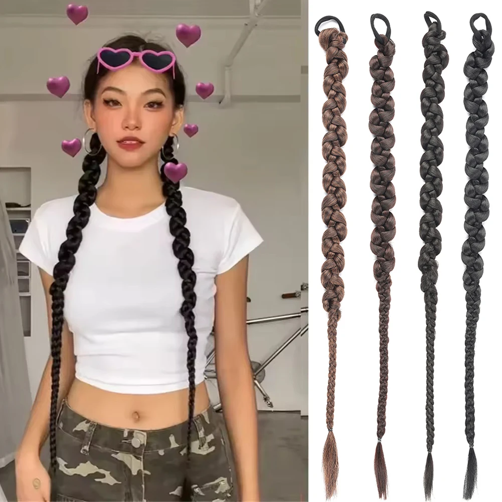 Fashion Braided Ponytail Hair Extensions with Hair Ties for Women Twist Braid Personality Hot Girl Kink Braid Hip Hop Girl