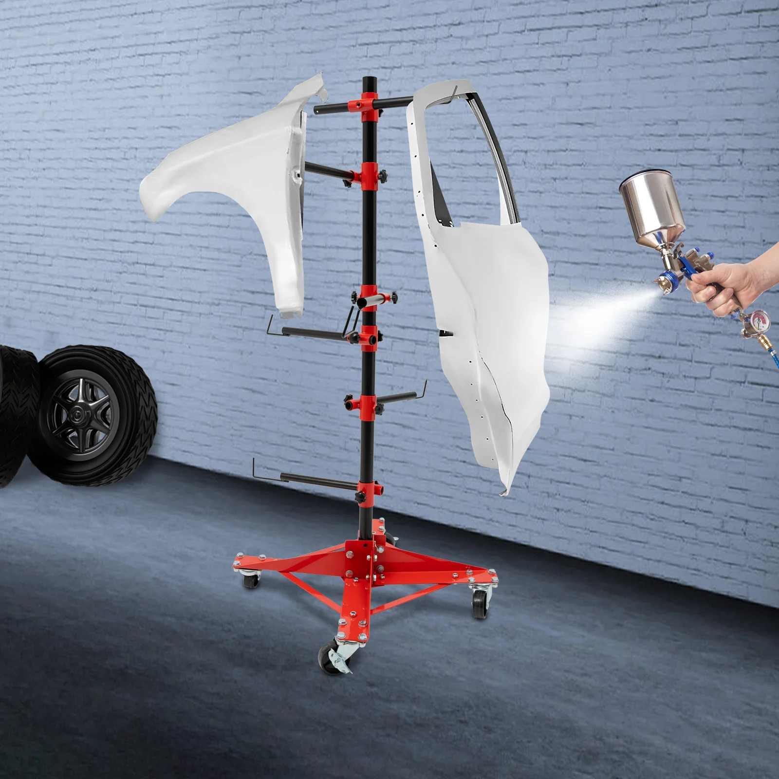 

Universal Vehicle Paint Stand Heavy-Duty Panel Tree Stand 6 Adjustable Hooks 360° Rotating Arms for Car Doors, Fenders & Bumpers