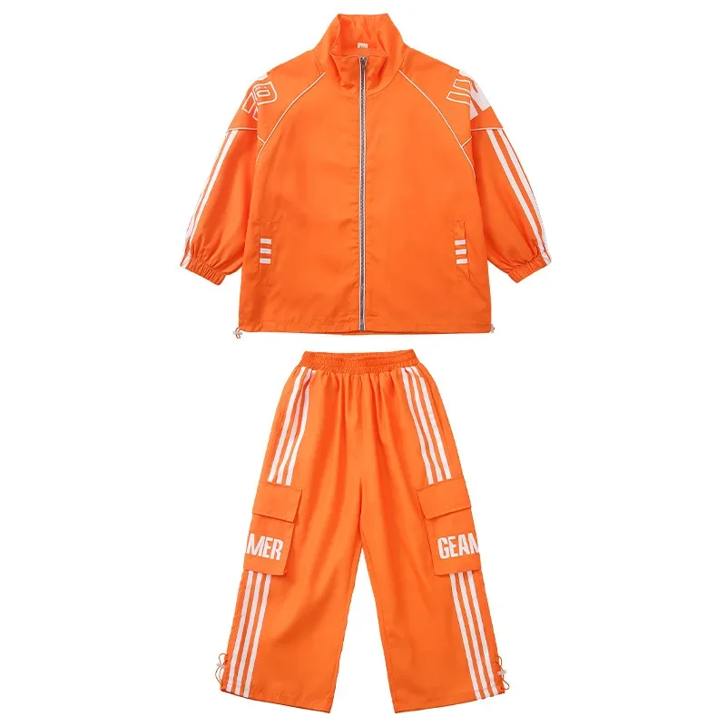 Neue Street Dance Kostüme für Jungen Orange Hip Hop Anzug Mädchen Mode Jacke Hosen Moderne Kpop Outfits Gruppe Bühne Tragen Sets