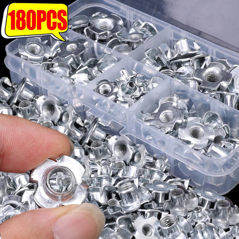 90/180pcs Four-jaw T-nut Galvanized Carbon Steel Threaded Nuts Insertion Wood Cabinetry Blind Pronged Insert Tee Nut M3 M5 M6 M8