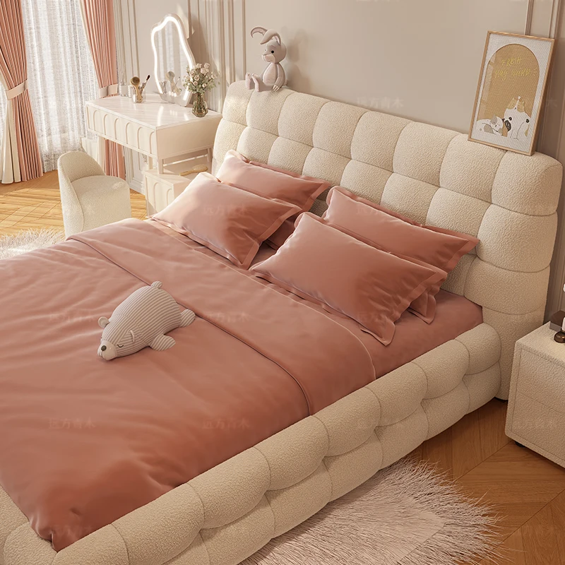 Marshmallow puff bed, simple lambswool queen bed, master bedroom, creamy white double bed