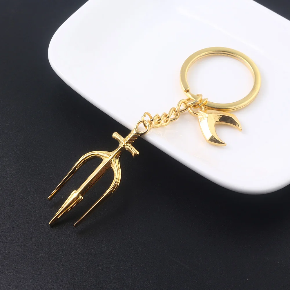 Superhero Movie Poseidon Trident Keychain Metal Pendant Weapon Keyring for Women Men Jewelry Accessories Gifts