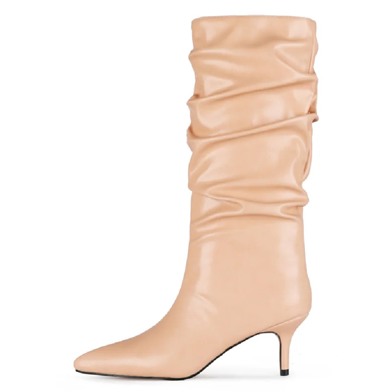 Sexy Heels Western Boots Fashion Pleated Knee High Boots Women Pointed Toe Red Beige Autumn Winter Party Shoes Female 2025