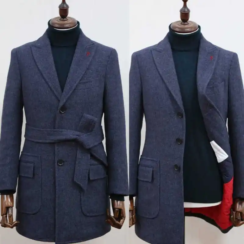 

Classic Men Overcoat 1 Piece Single Breasted Peaked Lapel With Belt Autumn Winter Outdoors Warm Commute Coats Customized