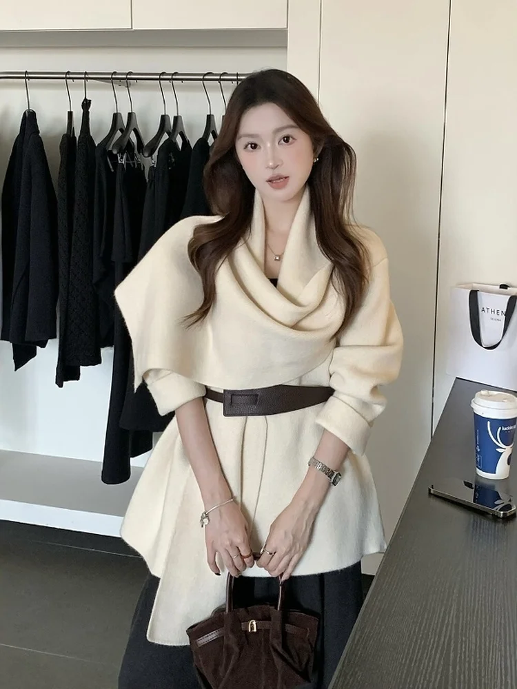 

Korean Sle Knitted Cardigan Coat with Scarf Ne Aosphere Sense Belted ort Outerwear Leisurely Ele Autumn Winter Wo...