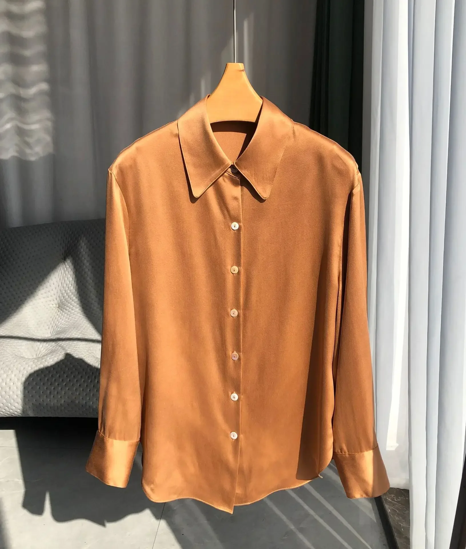 100% Heavy silk Women Casual Lapel Loose Shirt Silky Large collar long-sleeved Blouse Button Up Tops Solid Office Lady Tunics