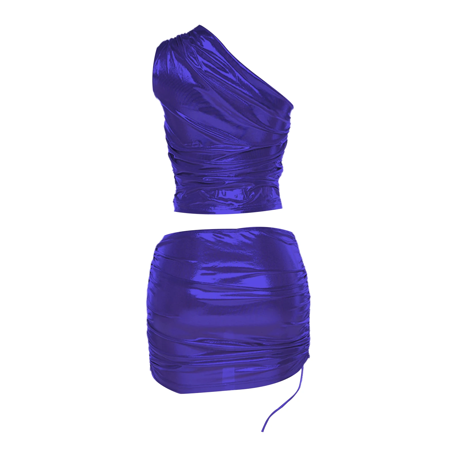 Conjunto metálico para mujer, lencería ajustada, ropa para discoteca, Top corto sexy sin mangas con un hombro y minifalda fruncida para fiesta de música Raves