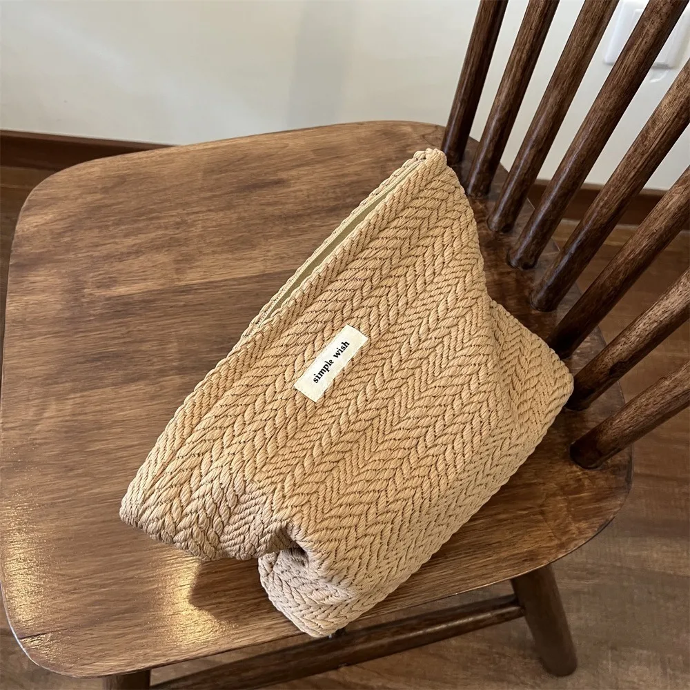 Portable Zipper Makeup Bag Solid Color Woven Fabric Clutches Bag Beige Coffee Large Capacity Cosmetic Bag Outdoor