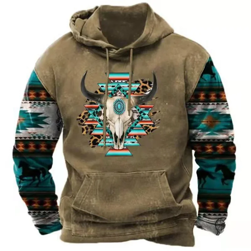 North America Demon Wendigo Print Hoodies Western Cowboy Hooded Sweatshirts Daily Casual Oversized Pullovers Vintage Streetwear