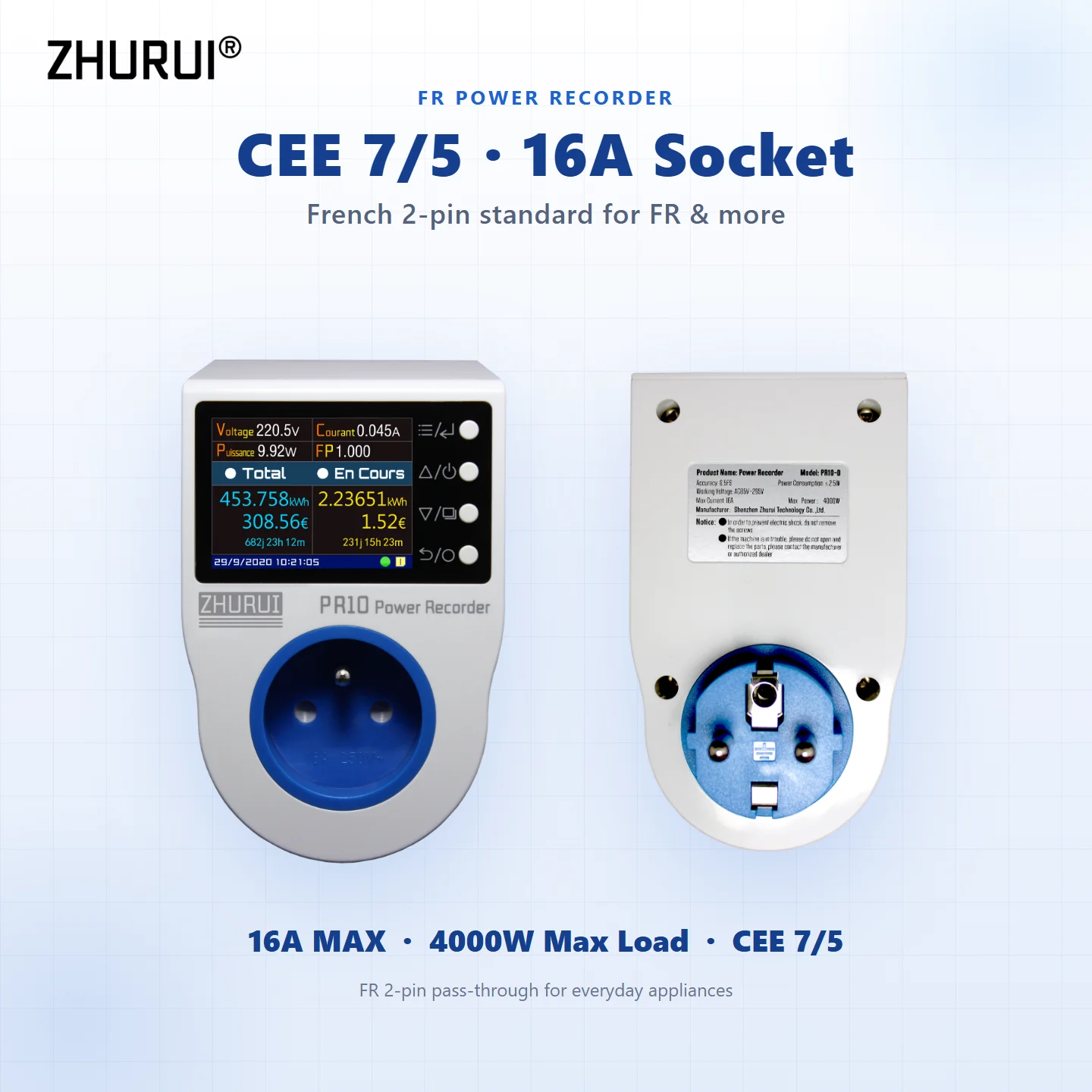 ZHURUI PR10-D Socket Power Meter French G Plug Energy Measurement Alarm Timing 0.1-4000W Meteric Electrical Device