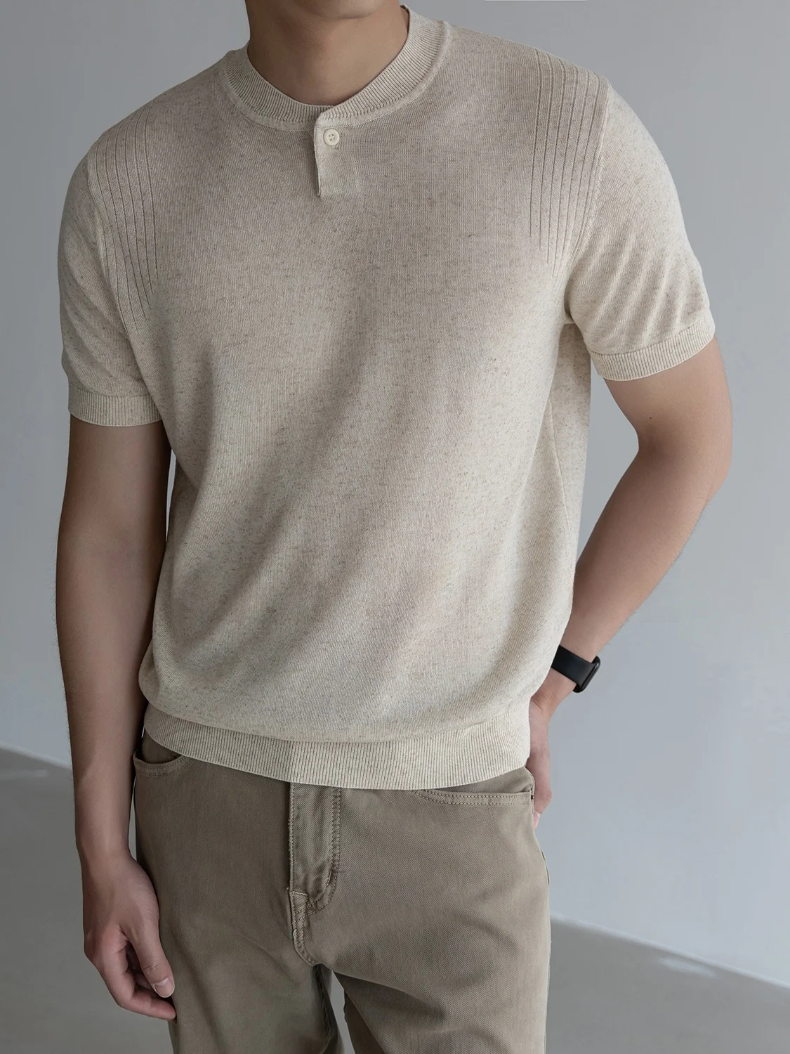 High Elasticity Linen Blend Knitted Short Sleeve Casual Shirt for Men Breathable Comfortable Skin-Friendly Half Open Collar