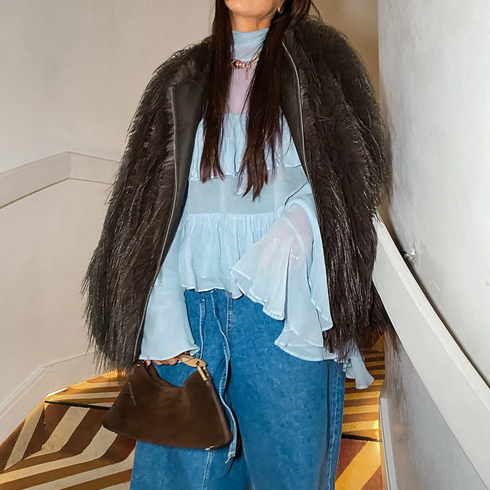 

Combhasaki Women Loose Fit Chic Fairycore Shirt Top Casual Stylish Layered Ruffle Trim Ruched Mock Neck Bell Long Sleeve Blouses