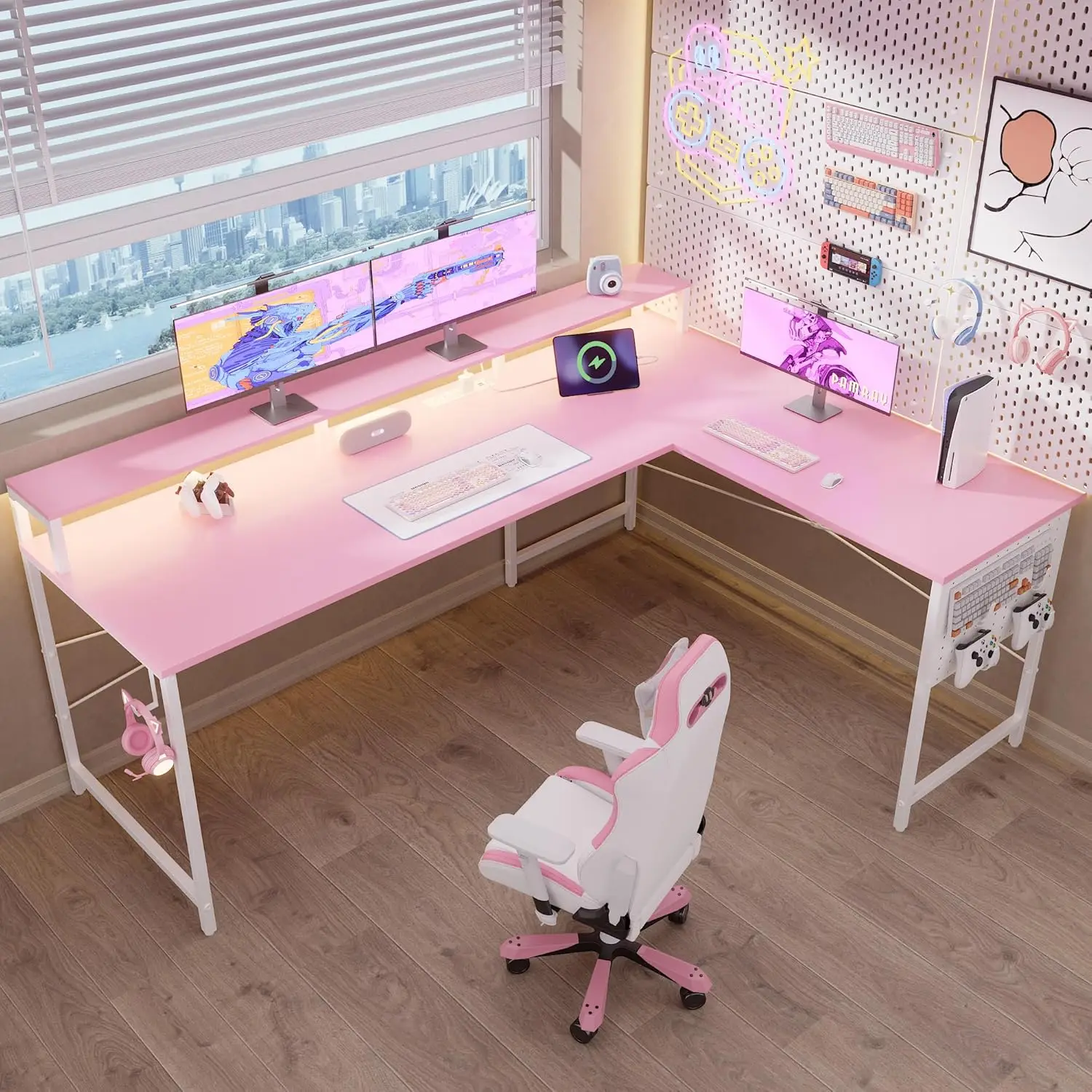 

64 Inch L Shaped Gaming Desk with Power Outlets, LED Lights, Monitor Stand & Pegboard - Pink