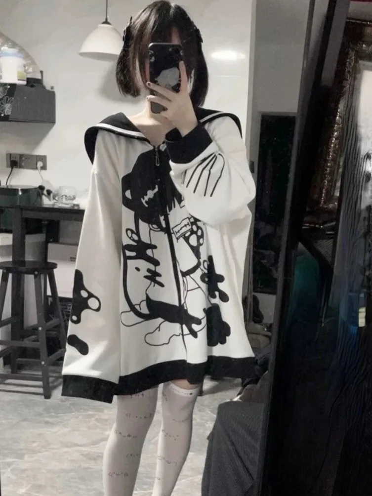 Japanese Casual Sweet Kawaii Hoodies Loose All Match Cute Contrast Color Women Coat  Y2k Aesthetic Fairy Zipper New Sweatshirts