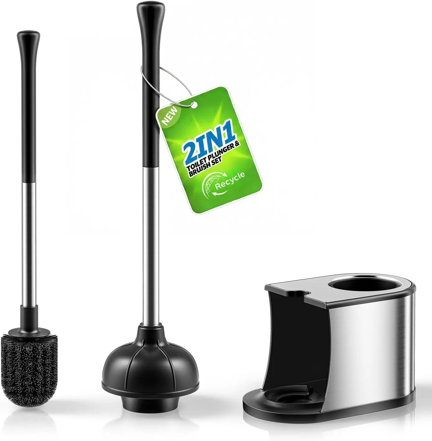 

Toilet Plunger and Brush Set, 2-in-1 Heavy Duty Stainless Steel Toilet Bowl Brush with High-Pressure Unclogging, Rustproof,