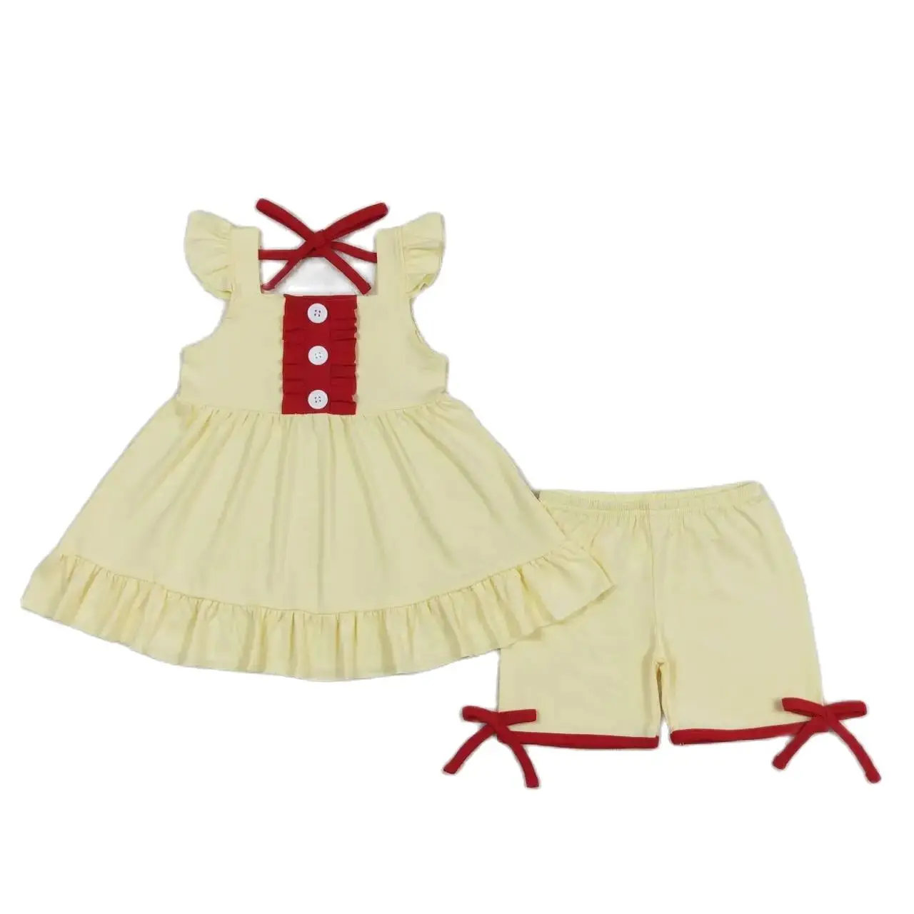 

GSSO0971 Kids Girls Summer Outfit Sets Flying Sleeves Top Red Lace Light Yellow Print With Shorts Children Clothes
