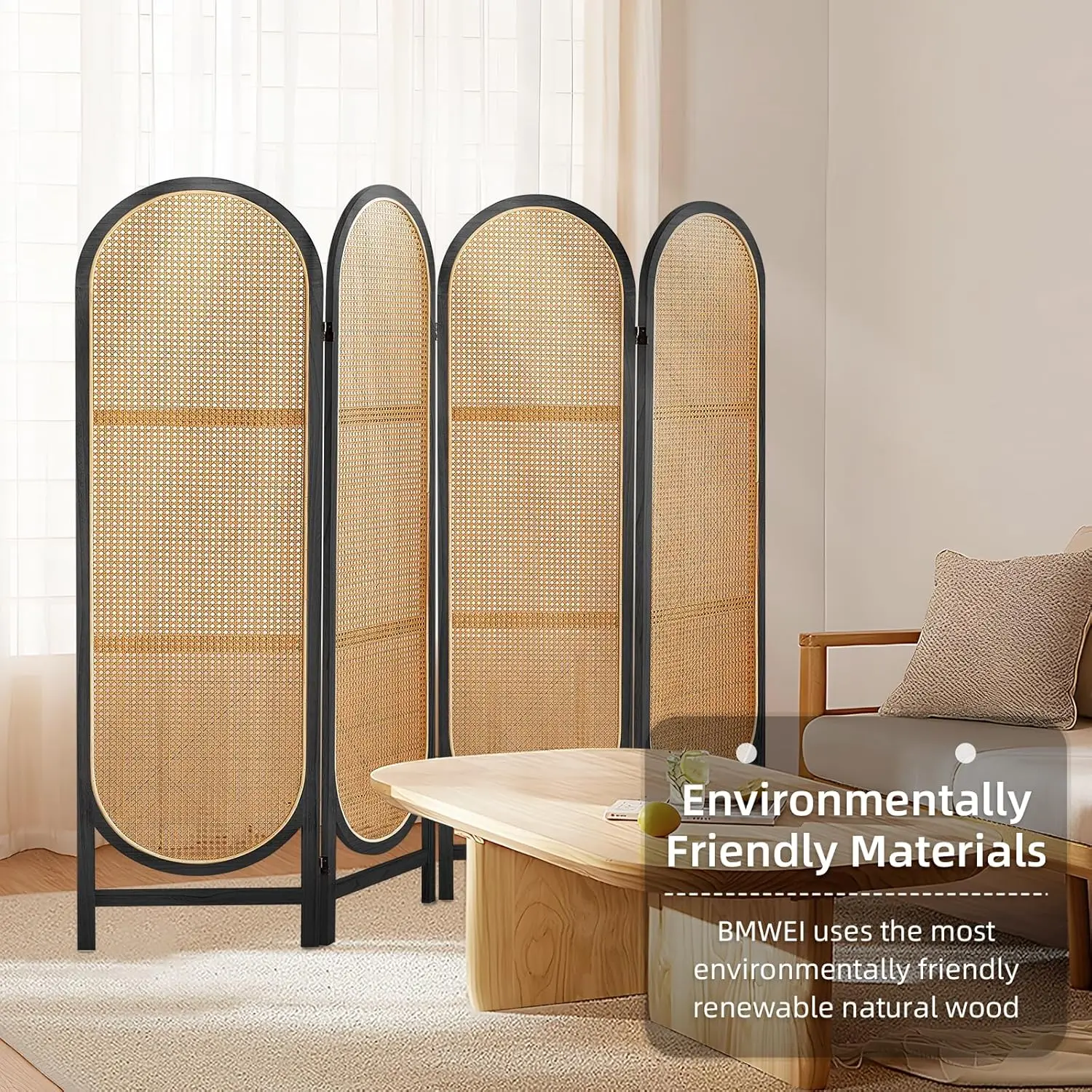 Room Dividers, Foldable Wooden Room Dividers, Individual Privacy Screens Made of Hand-Woven Rattan, Portable Wall Divid