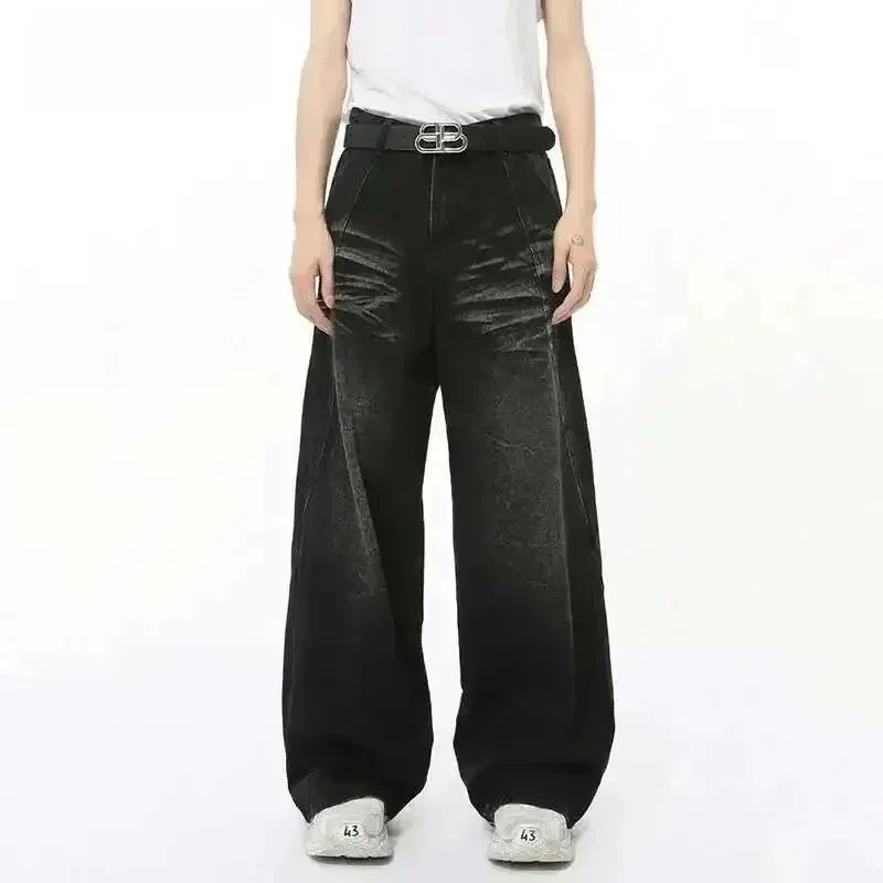

IEFB High Street Men's Casual Washed Whiskers Jeans Comfortable Non-deformable Polyester Drawstring Unisex Summer Jeans