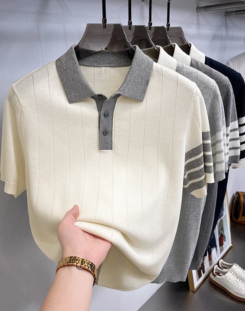 Hochwertiges Stricken Kurzarm POLO Shirt Herren neue Mode Luxus Marke Streifen Design weich komfortabel koreanischer Stil Freizeit Sommer atmungsaktives T-Shirt – Detail 4
