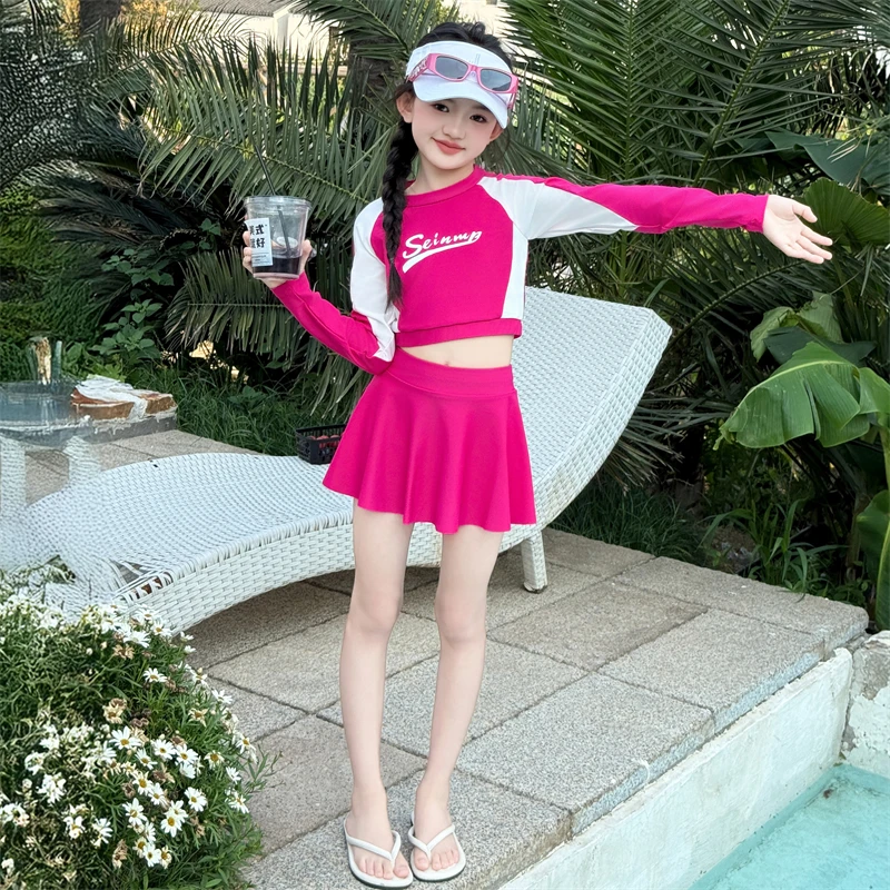 

Girls Swimsuits Kids Long Sleeves Top+Skirt Bottom Child Swimming Suit Younger Bathing Wear Little Child Swimming Set 4-14 Year