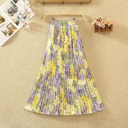 New Spring and Summer Women's Style High Waist Elastic Printed Pleated Chiffon A-Line Trendy Comfortable All-match Skirt