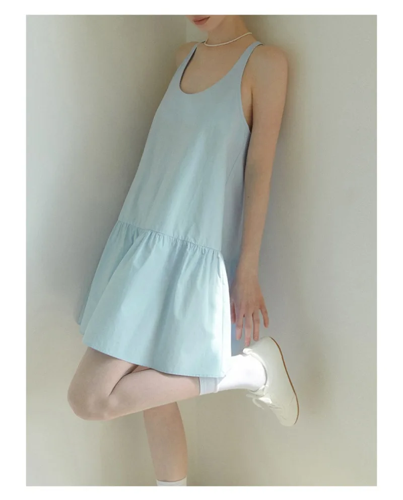 แฟชั่นชุดผ้าลินินผู้หญิงสบายๆหลวมฤดูร้อนแขนกุด U-คอ Blue High Street Holiday Beach Party Mini สั้น Vestido Feminino