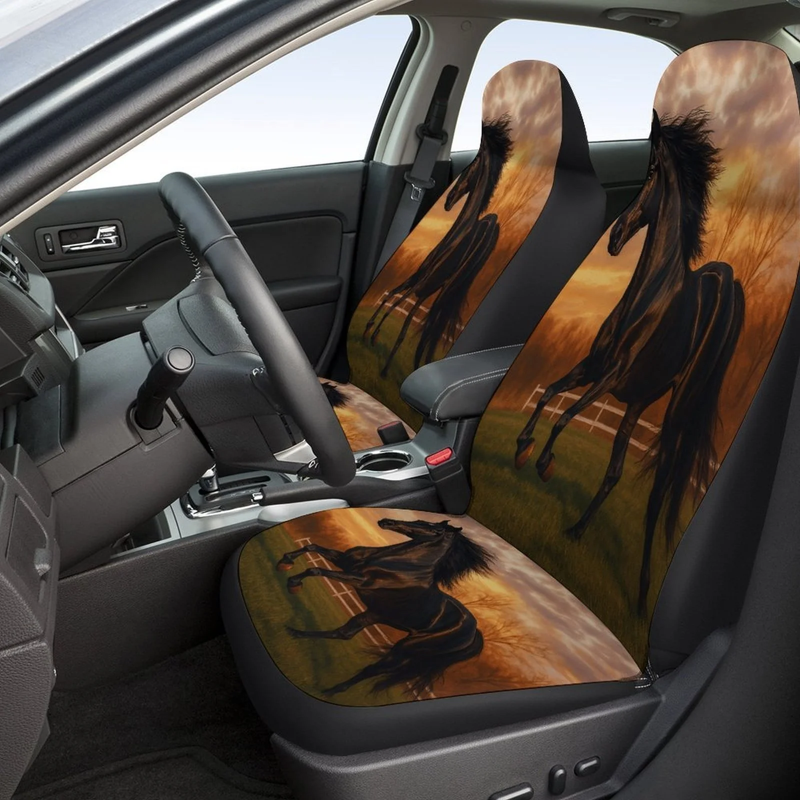 Black Horse Gallop Designed Car Seat Covers Set For Most Cars, Trendy Novelty Decorative Car Seat Protector Covers Full Set, Uni