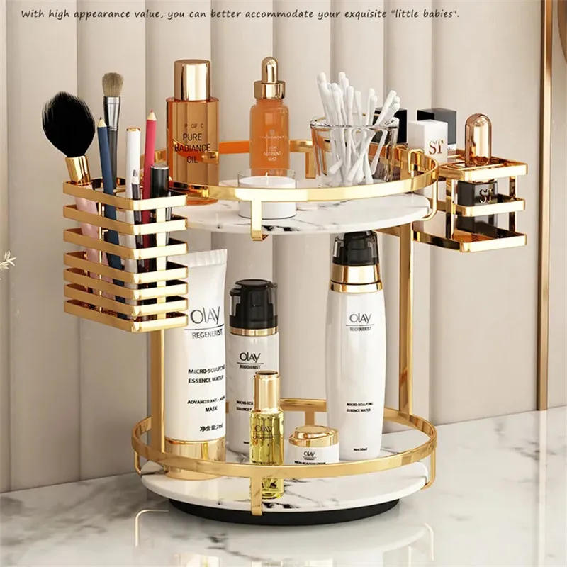 Luxury Gold Bathroom Shelf Marble Countertop Organizer 360 Rotating Cosmetic Storage Box with Lipstick Holder Makeup Brush Rack