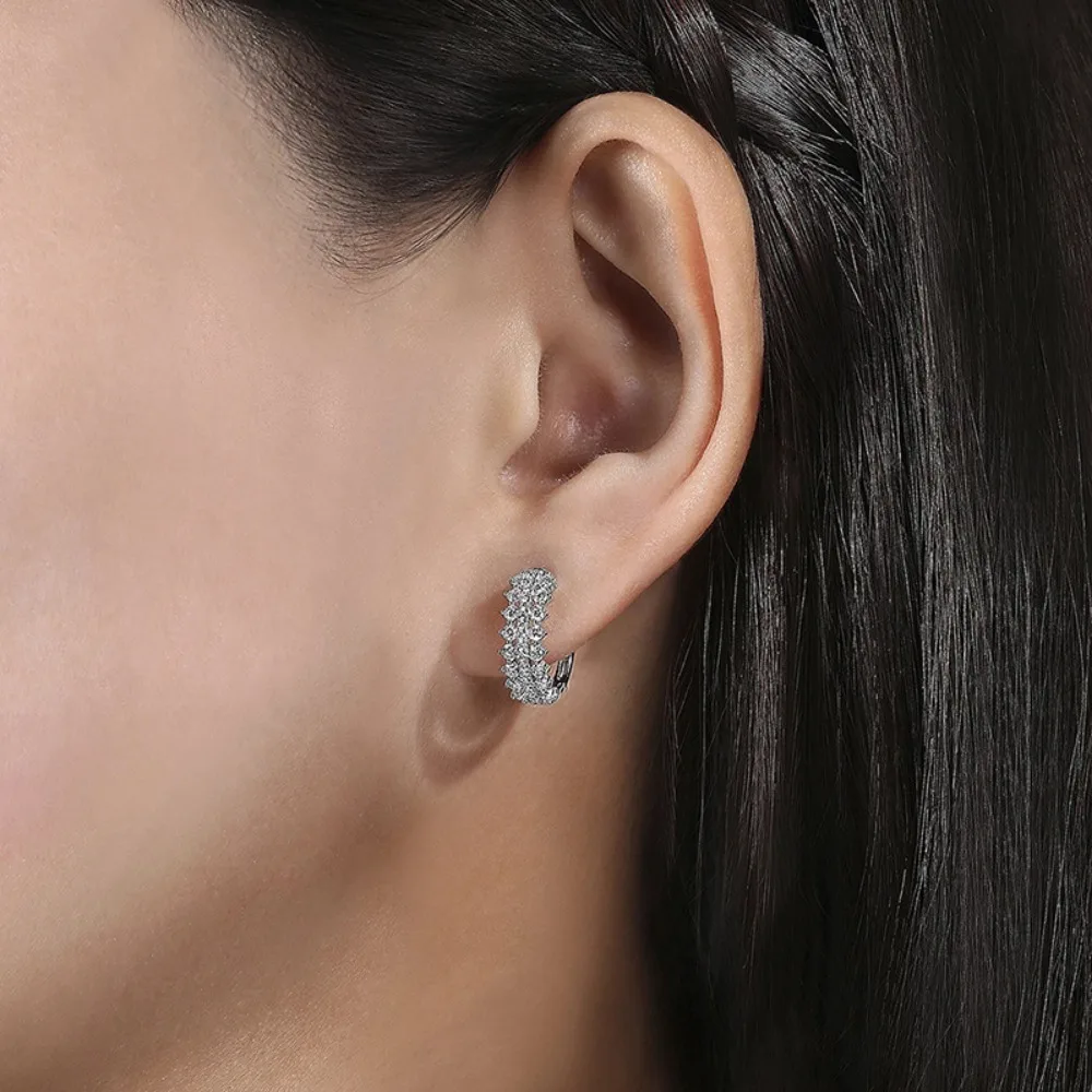 Sparkling Silver Color Triple Row 5A Zircon Huggie Hoop Earrings for Women Stainless Steel Korean Earrings Daily Party Jewelry