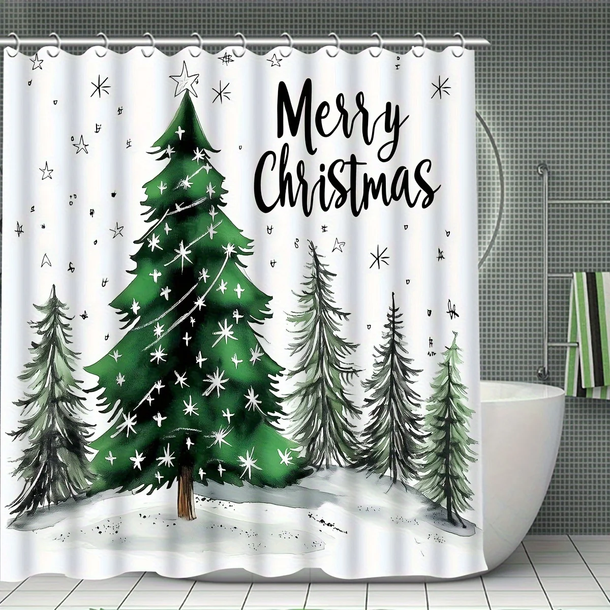 4PCS Green Christmas Tree Shower Curtain Set,with Hook and U-Shaped Toilet Seat Cover,Bathroom Accessories, Christmas Decoration
