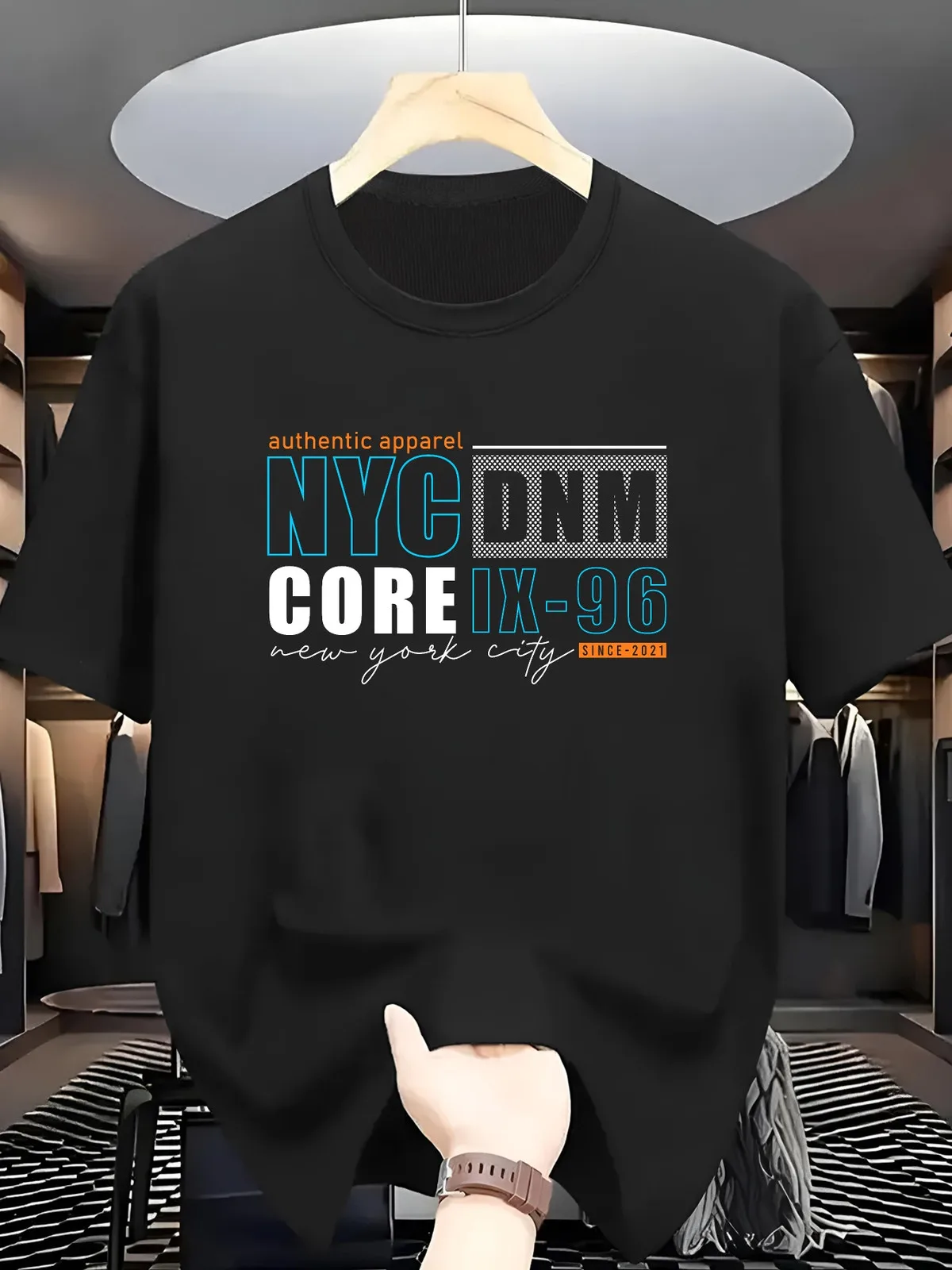 Plus Size Men's 100% Cotton T-Shirt - NYC DNM Core IX-96 New York City Logo Print Short Sleeve Round Neck Casual Summer Tee, Com