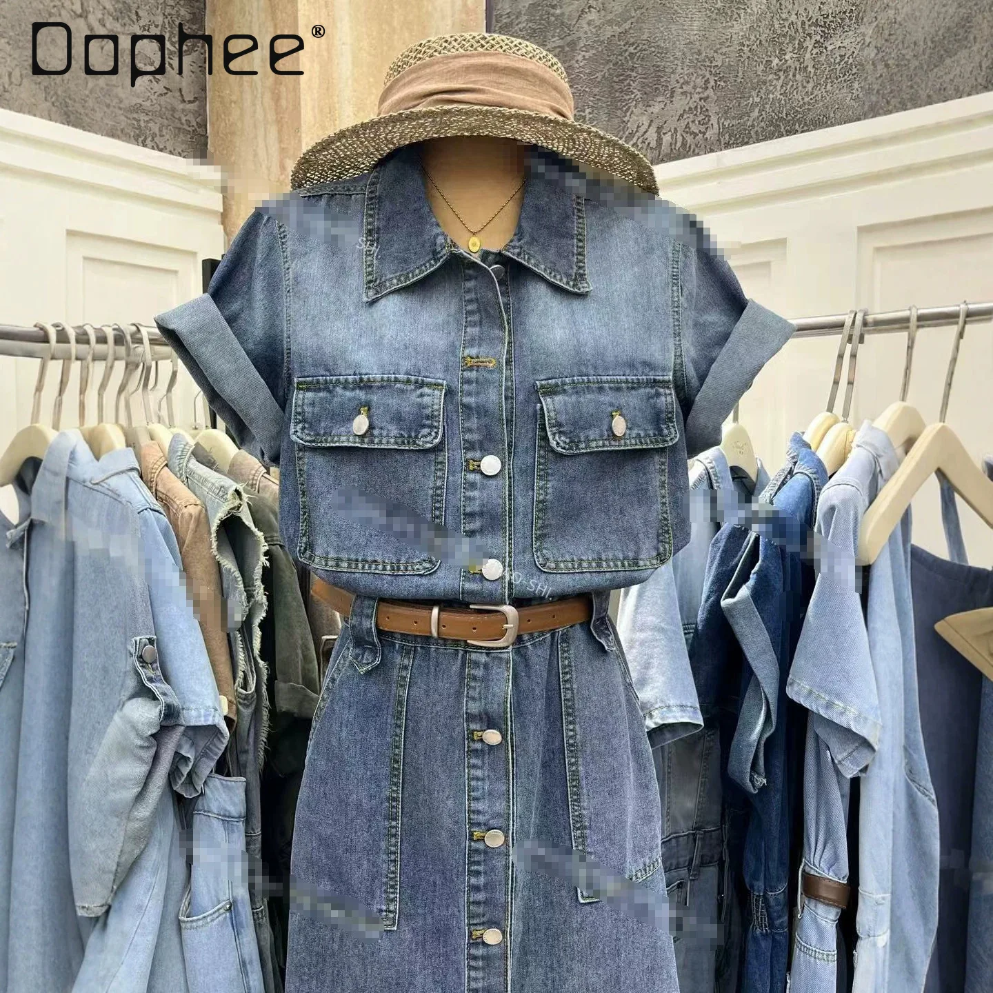 

Women Denim Shirt Dress Roll Up Short Sleeve Long Jean Dresses Casual Vintage Blue Single Breasted Belted Midi Jean Dress Female