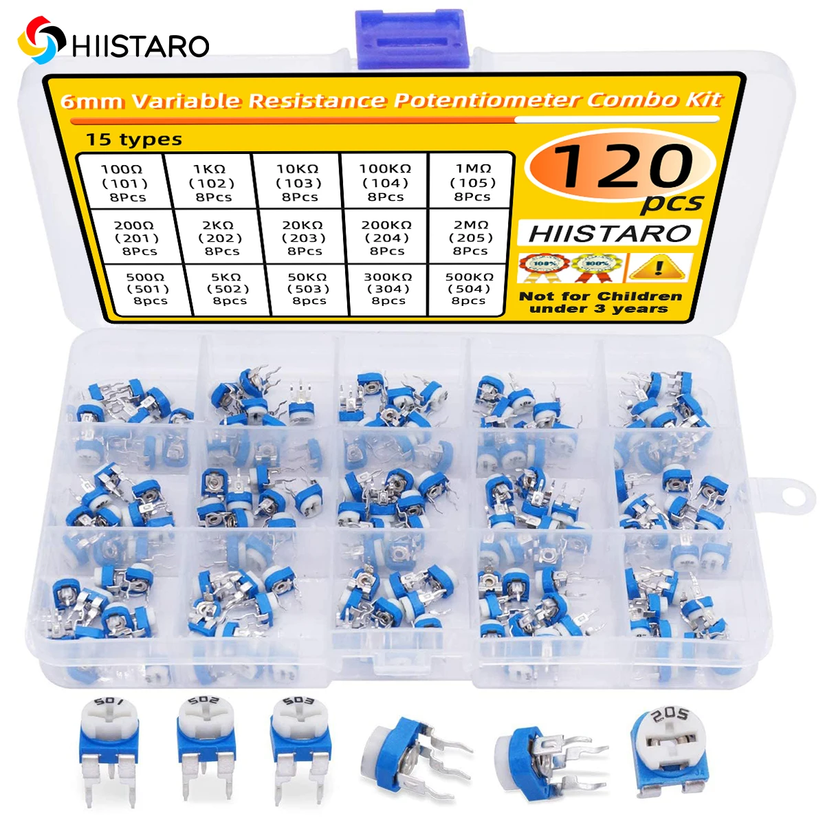 

6mm Variable Resistance Potentiometer Combo Kit 15pcs Value 100 Ohm-2M Ohm Plastic Kits