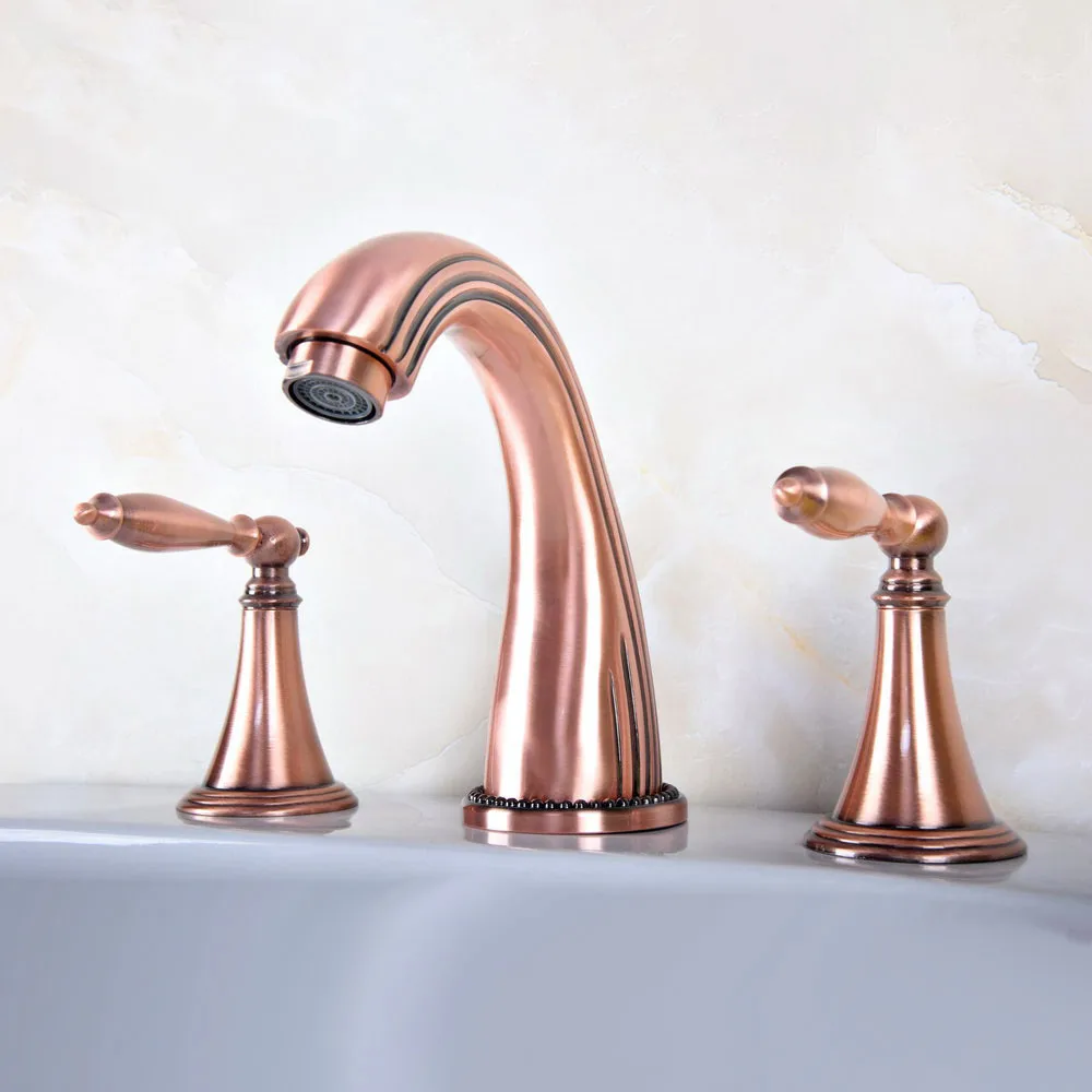 

Basin Faucets Antique Red Copper 3 Hole Bathroom Sink Faucet Double Handle Deck Mounted Bathtub Hot Cold Mixer Tap Nrg075