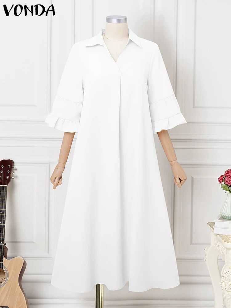 Women Plus Size Sundress Lapel 3/4 Sleeve Ruffled Elegant Maxi Long Vestidos Casual Solid Party Robe Office Dresses 5XL VONDA