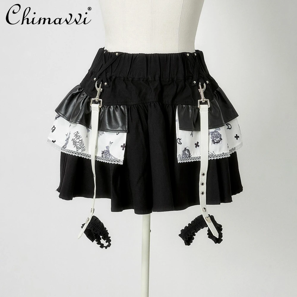 Japanese Mine Gothic Style Mini Skirt Hot Girl Ruffle Edge Decorative Pocket Rivet Buckle Sling Leg Ring High Waist Short Skirts