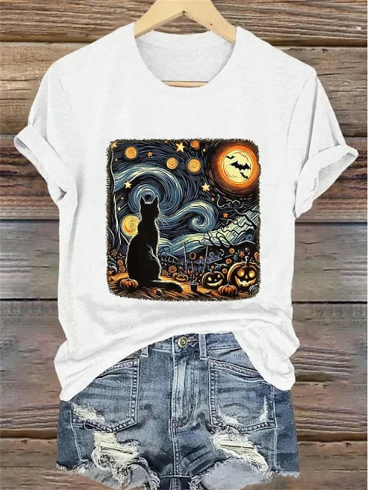 Women's Round-Neck Short-Sleeve T-Shirt with Starry Night Black Cat Pumpkin and Bat Art Print Loose-Fitting Casual T-Shirt