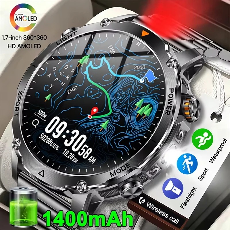 2026 Premium New 1400mAh Battery GPS Smart Watch 1.7" AMOLED IP68 Waterproof SOS Flashlight Durable Military Sports Smartwatch