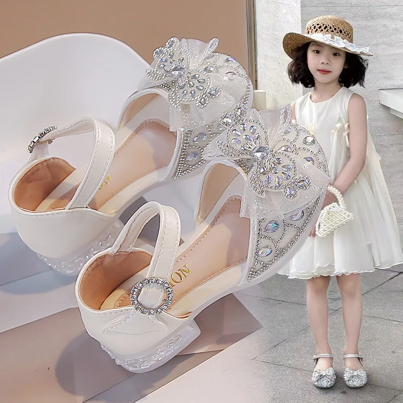 New Summer Girls Crystal Princess Sandals Kids Low-Heeled Open-Toe Buckle Shoes Children Soft-Soled Mary Jane Performance Shoes