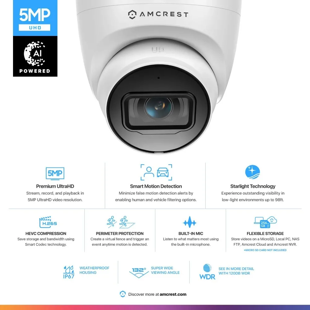 Câmera POE de torre de 5MP, câmera IP externa UltraHD POE com microfone/áudio, câmeras de vigilância de segurança de 5 megapixels, visão noturna de 98 pés