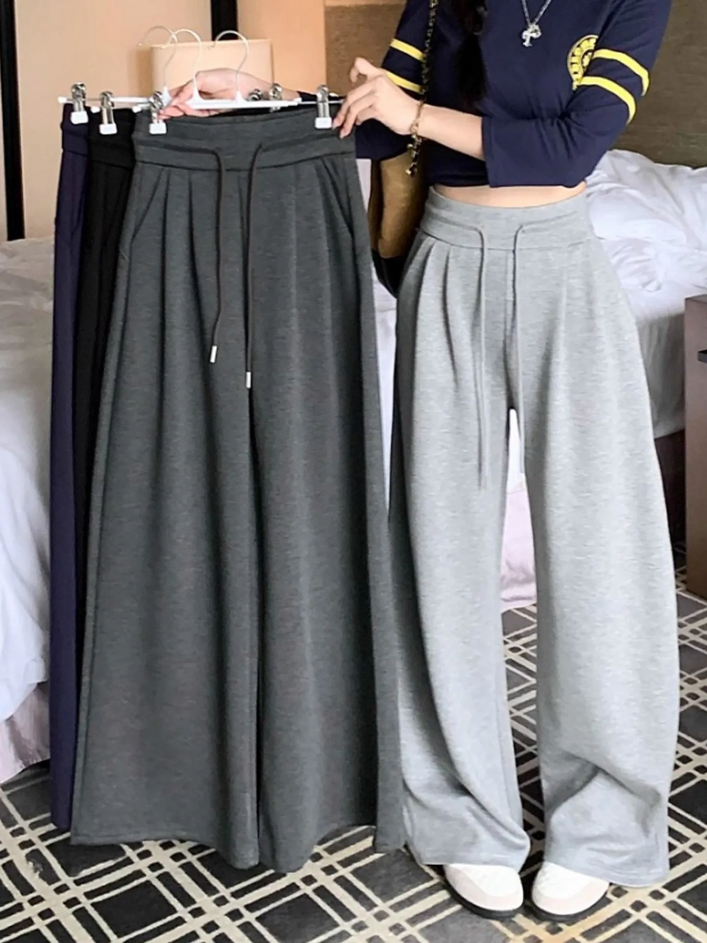 High Waist Wide Leg Sports Pants Women's Lazy Style Loose Fit Straight Casual Long Trousers Spring Autumn Seasonal Fashion