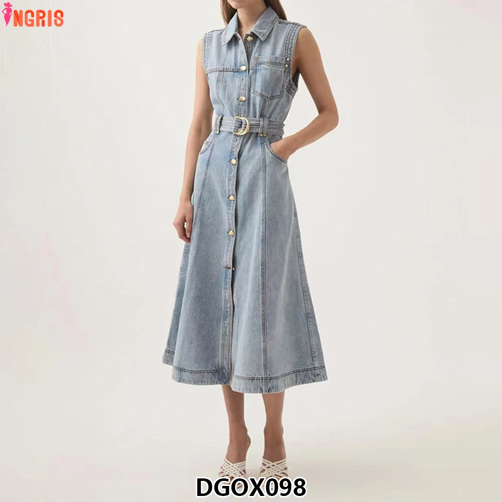 

Sleeveless Light Wash Denim Midi Dress Turn-down Collar Front Button Belted Everyday Wear Weekend Outings Party-DGOX098