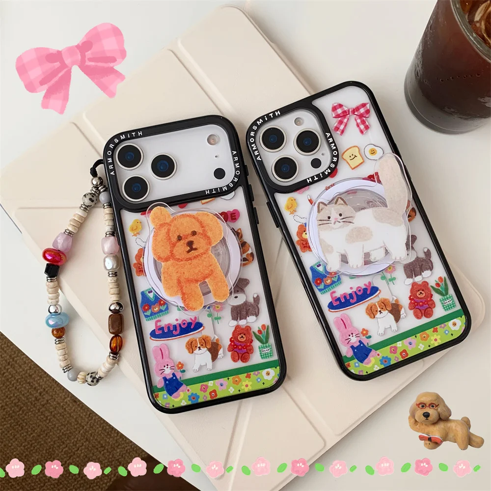 

Cute animal kitten puppy magnetic holder phone case for iPhone 13 12 11 14 15 16 17 Pro Max Fundas with Chain protective Cover