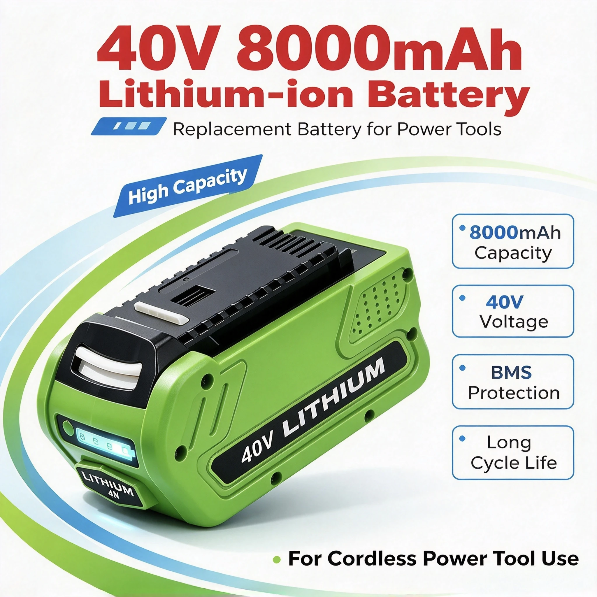 8.0Ah 40V Li-ion Replacement Battery Compatible with Greenworks G-MAX for Trimmer Leaf Blower Chainsaw Lawn Mower