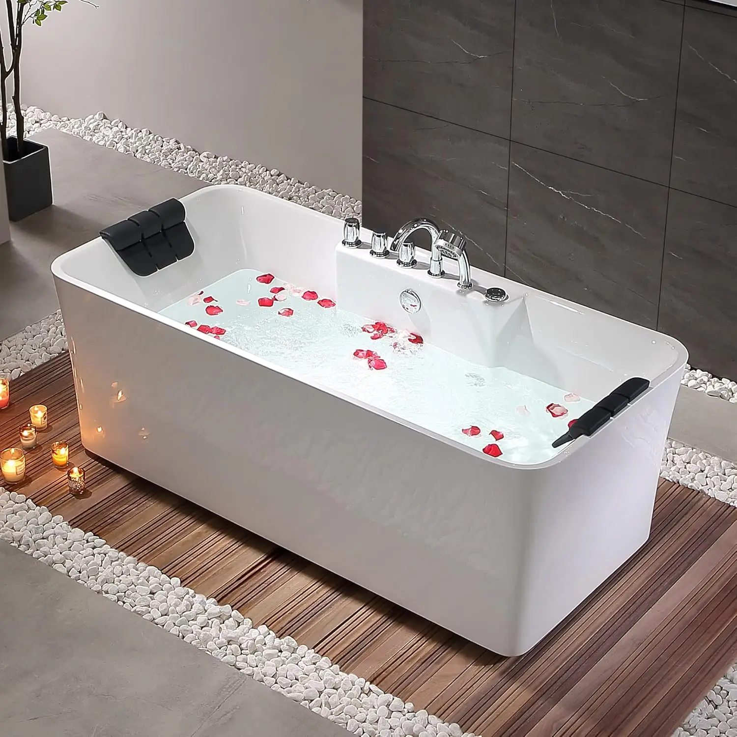 Empava 59-Inch Freestanding Whirlpool Bathtub Rectangular With 8 Hydromassage Adjustable Water Jets Luxury Acrylic Massage Spa