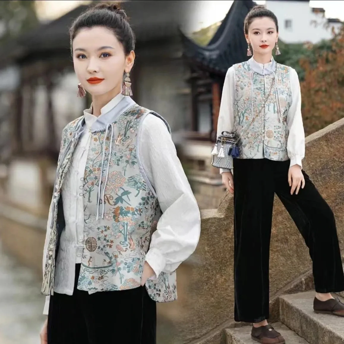 

2024 chinese vintage vest national flower jacquard traditional harajuku waistcoat vintage stand collar casual tang suit vest