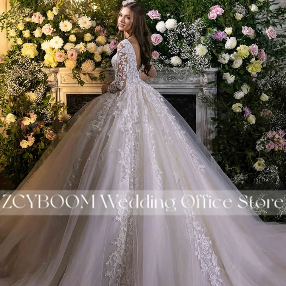 Abiti da sposa eleganti con scollo a V maniche lunghe illusione avorio 2025 Abiti da sposa con applicazioni in pizzo principessa Abiti da sposa Abiti da sposa