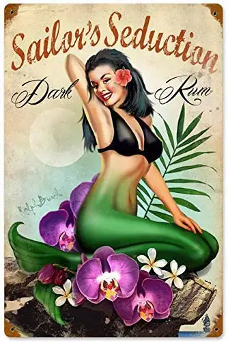 Retro Vintage Metal Plaque Sign Sailor's Seduction Pin Up Girl Mermaid Tin Sign for Home Bar Kitchen Pub Wall Decor Signs 12